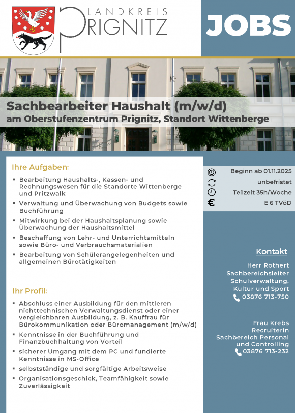 Sachbearbeiter Haushalt (m/w/d) am Oberstufenzentrum Prignitz, Standort Wittenberge - Seite 1