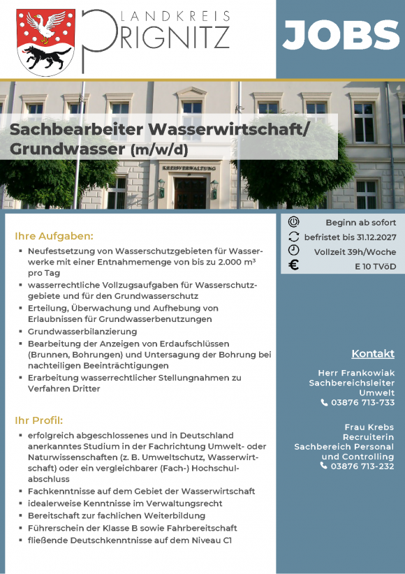 Sachbearbeiter Wasserwirtschaft/ Grundwasser (m/w/d) - befristet bis 31.12.2027 - Seite1
